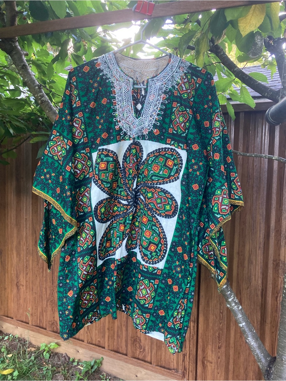 Green Ethnic Print Tunic Top with Embroidered Neckline